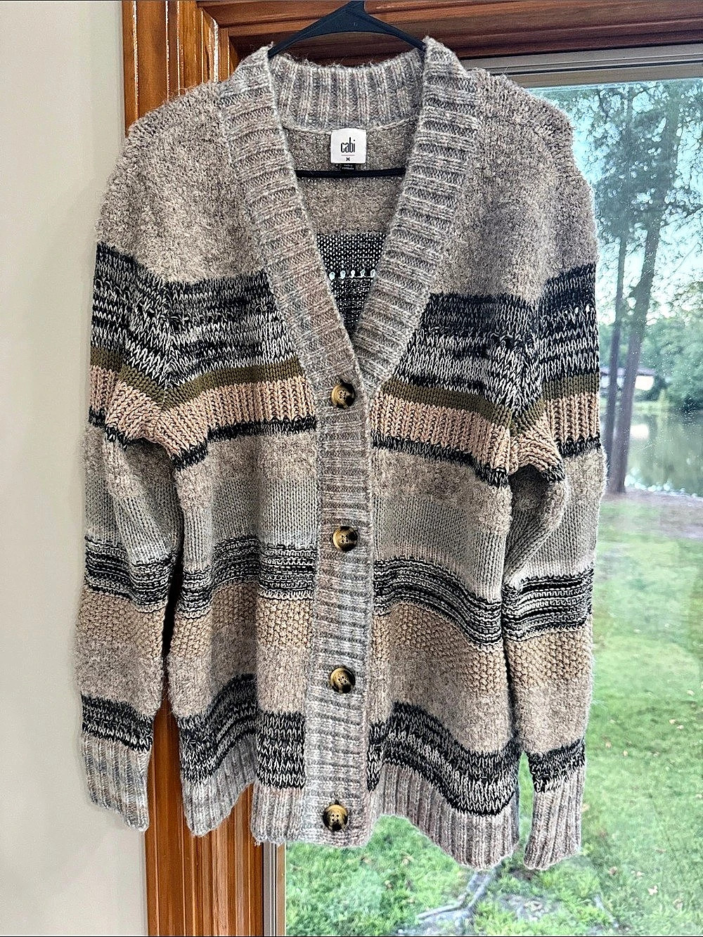 Cabi Striped Cardigan in Gray & Black